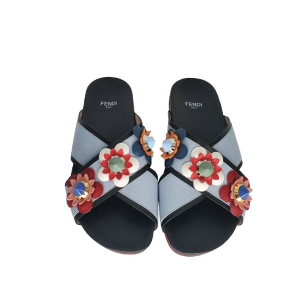 Fendi Flowerland Leather Crisscross Slides Sandals - Picture 2 of 8